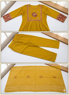 Beautiful three-piece salwar suit set in mustard yellow. 5