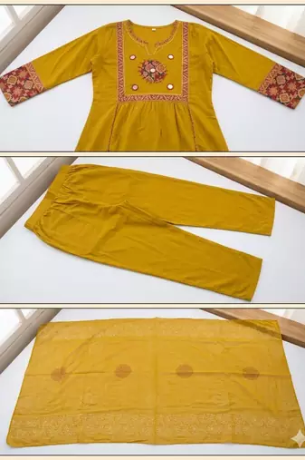 Beautiful three-piece salwar suit set in mustard yellow.
