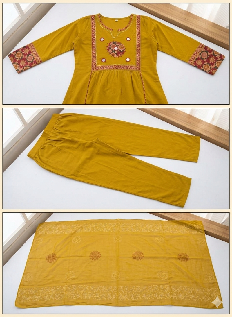 Beautiful three-piece salwar suit set in mustard yellow.