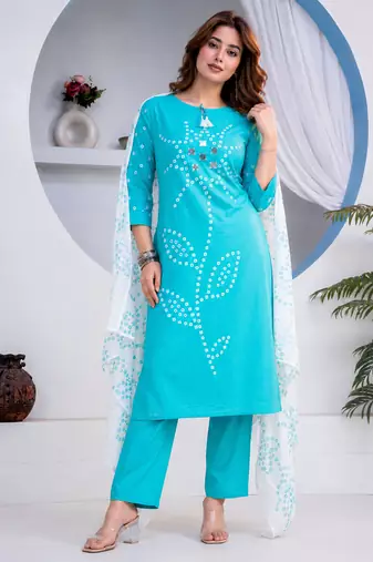 Beautiful jaipuri blue straight-fit  bandhani design cotton kurta set