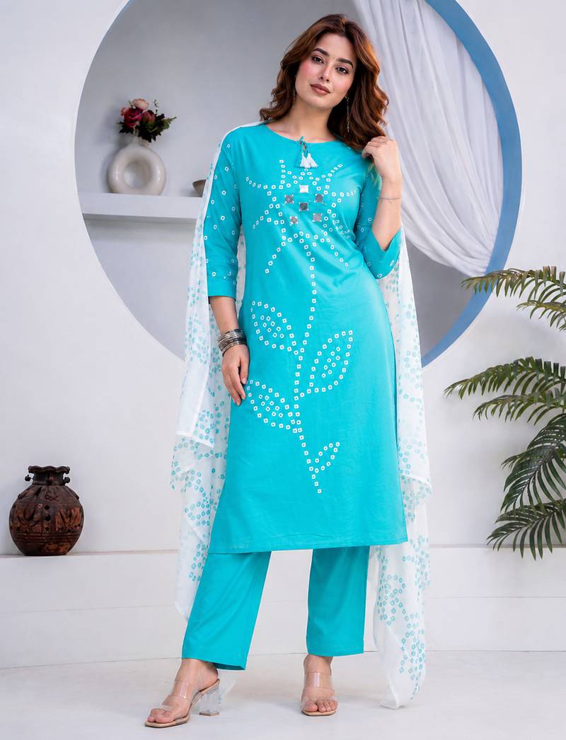 Beautiful jaipuri blue straight-fit  bandhani design cotton kurta set