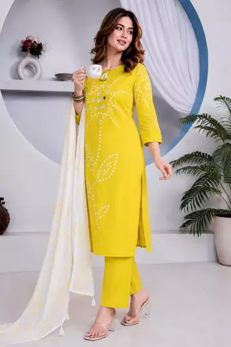 Beautiful jaipuri yellow straight-fit  bandhani design cotton kurta set