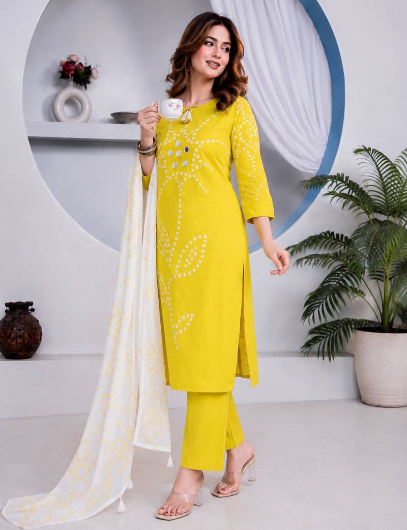 Beautiful jaipuri yellow straight-fit  bandhani design cotton kurta set