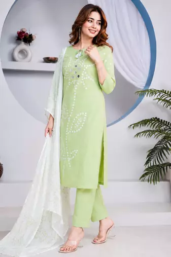 Beautiful jaipuri green straight-fit  bandhani design cotton kurta set
