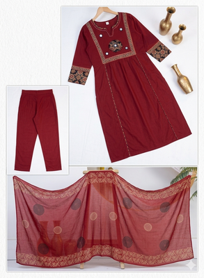 Beautiful three-piece salwar suit set in maroon. 5