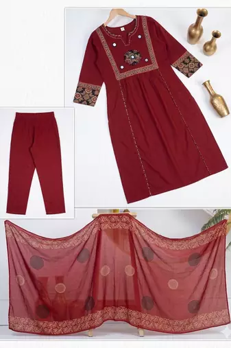 Beautiful three-piece salwar suit set in maroon.