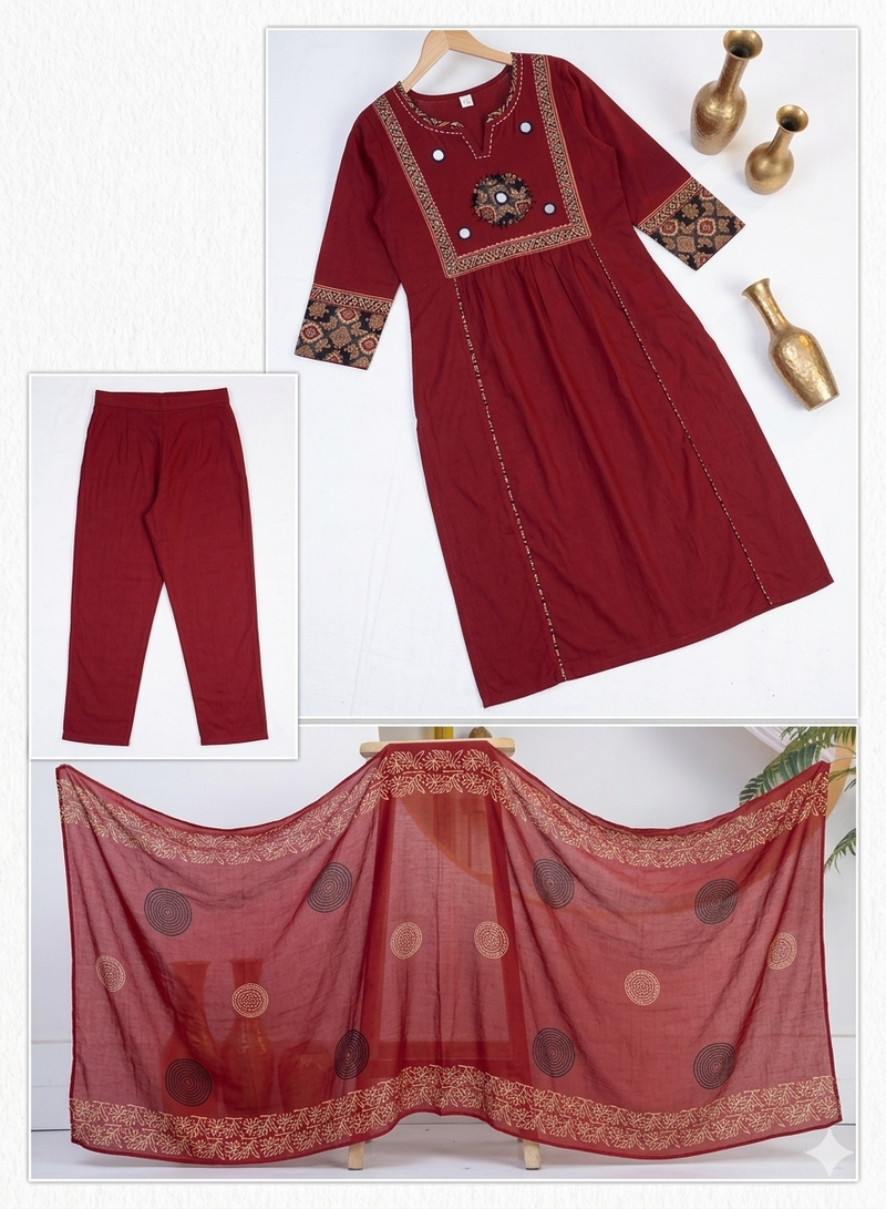 Beautiful three-piece salwar suit set in maroon.