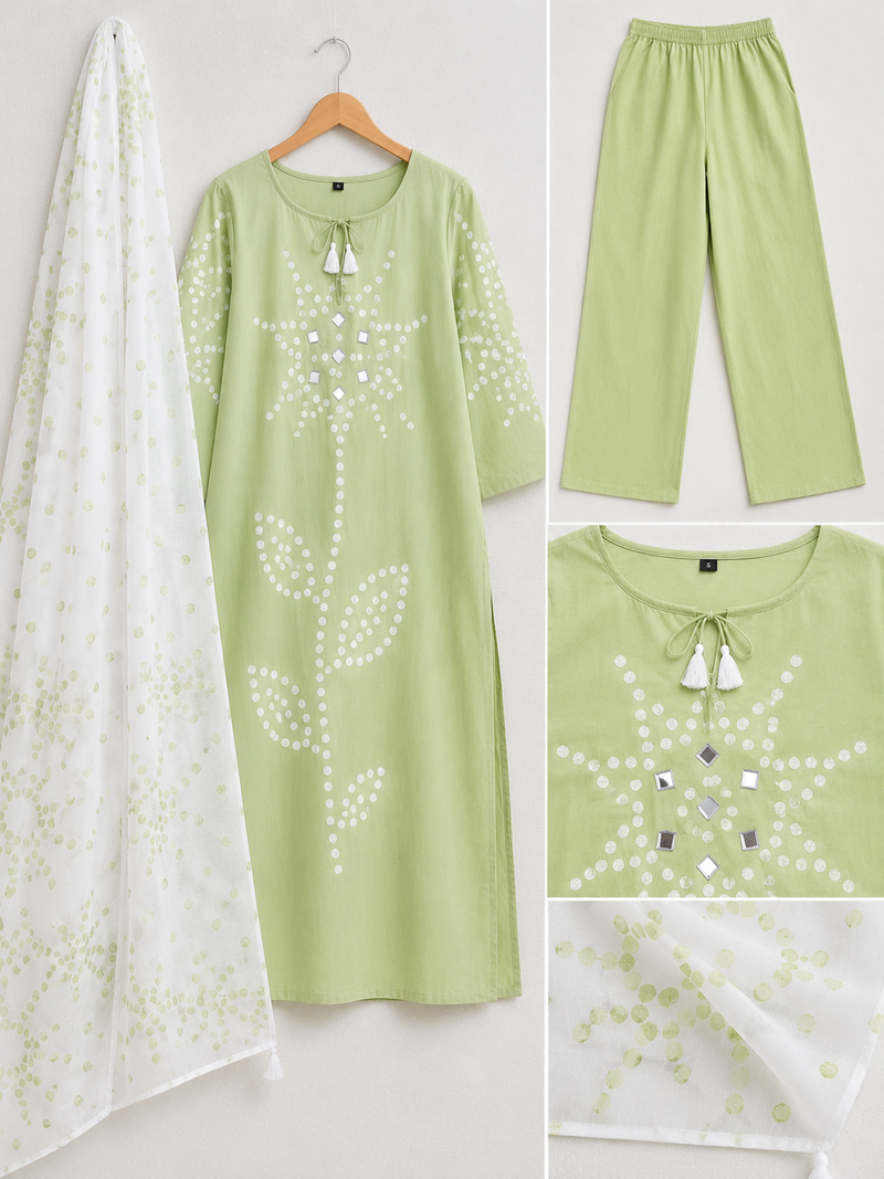 Beautiful jaipuri green straight-fit  bandhani design cotton kurta set