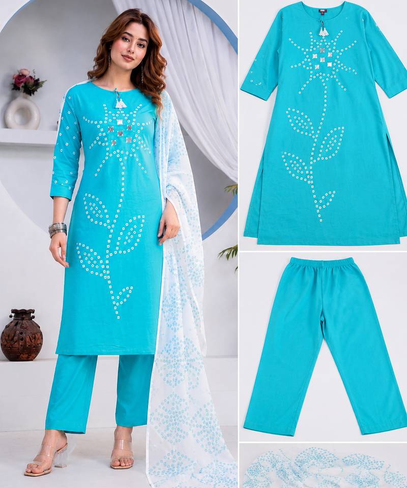 Beautiful jaipuri blue straight-fit  bandhani design cotton kurta set