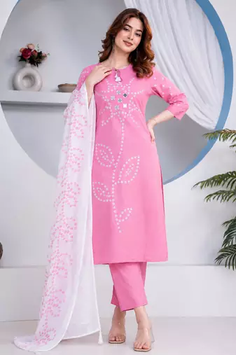 Beautiful jaipuri pink straight-fit  bandhani design cotton kurta set