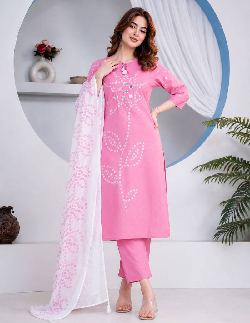 Beautiful jaipuri pink straight-fit  bandhani design cotton kurta set
