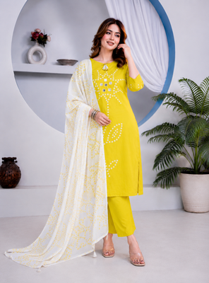 Beautiful jaipuri yellow straight-fit  bandhani design cotton kurta set 4