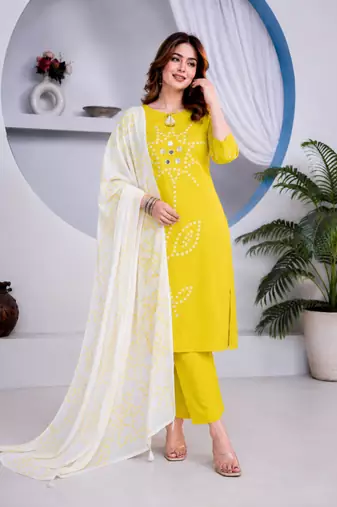 Beautiful jaipuri yellow straight-fit  bandhani design cotton kurta set