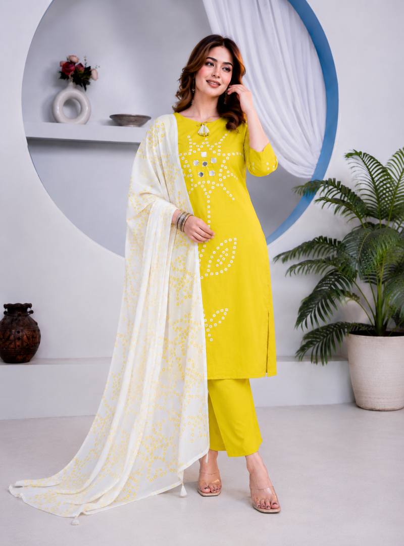 Beautiful jaipuri yellow straight-fit  bandhani design cotton kurta set