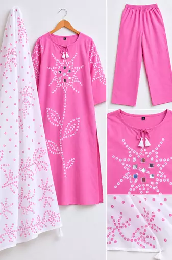 Beautiful jaipuri pink straight-fit  bandhani design cotton kurta set