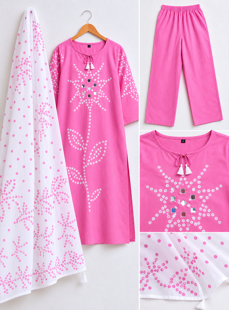 Beautiful jaipuri pink straight-fit  bandhani design cotton kurta set