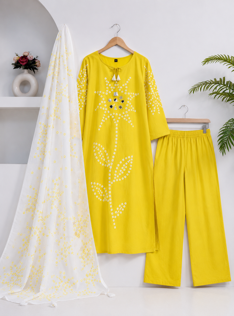 Beautiful jaipuri yellow straight-fit  bandhani design cotton kurta set