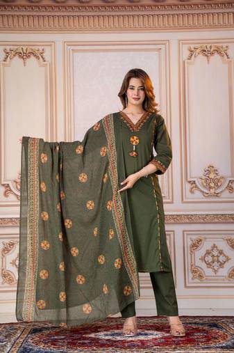 Beautiful olive green tassel meadow suit set