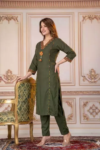 Beautiful olive green tassel meadow suit set