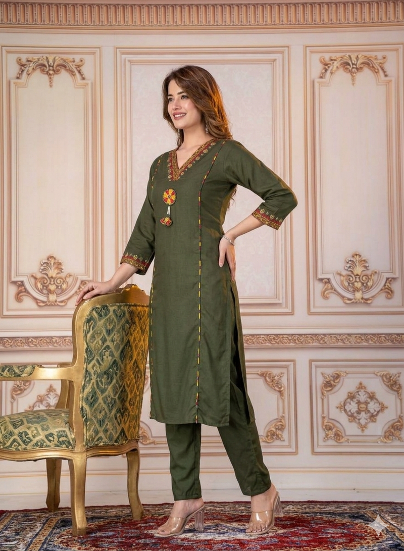 Beautiful olive green tassel meadow suit set