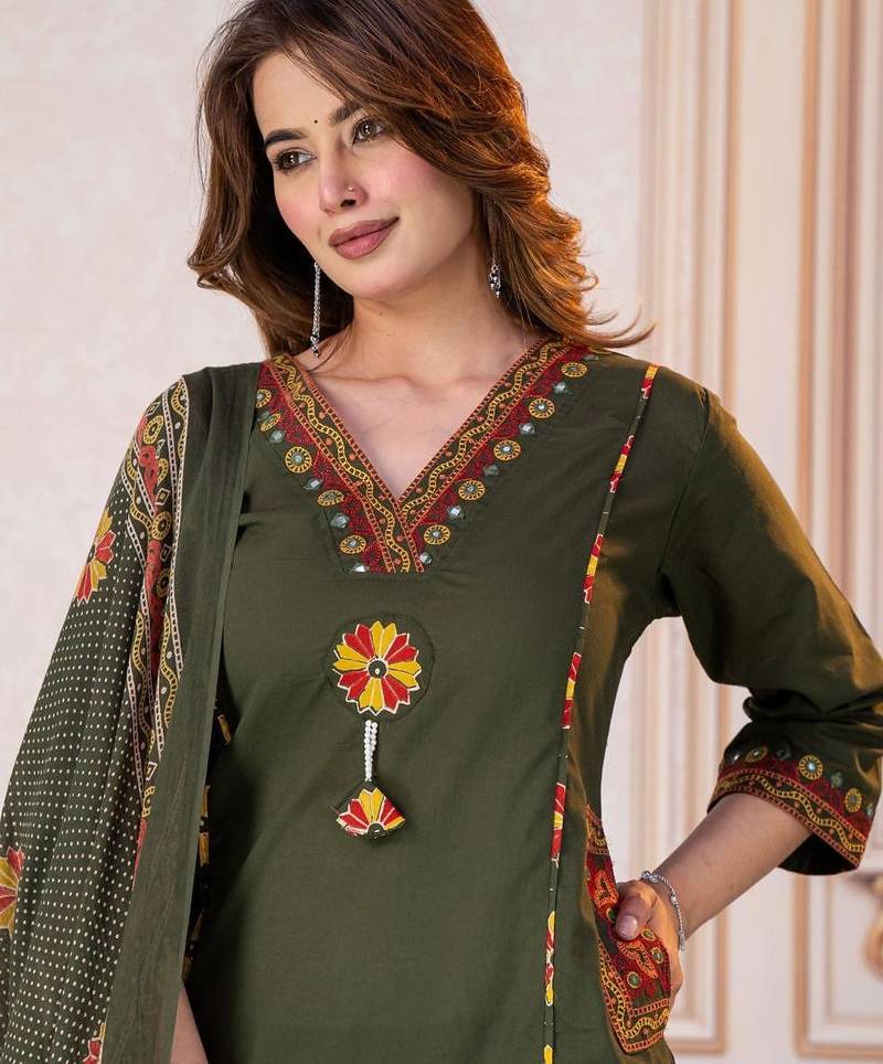 Beautiful olive green tassel meadow suit set