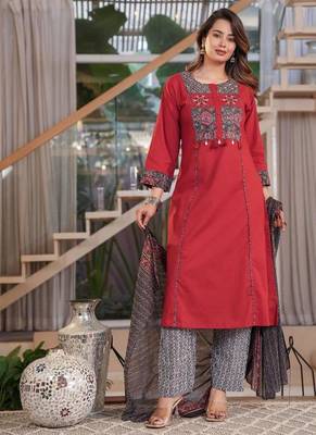 Beautiful red kurta set with printed pant dupatta 1