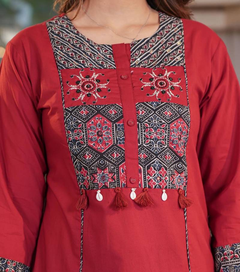 Beautiful red kurta set with printed pant dupatta