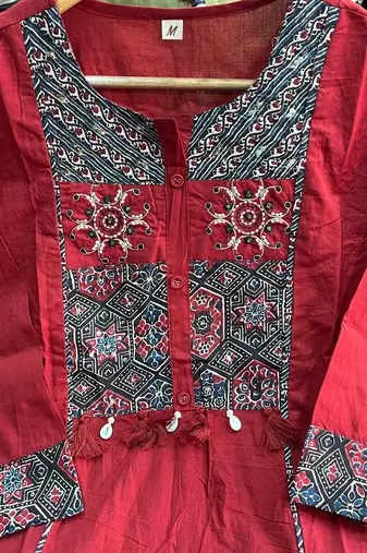Beautiful red kurta set with printed pant dupatta