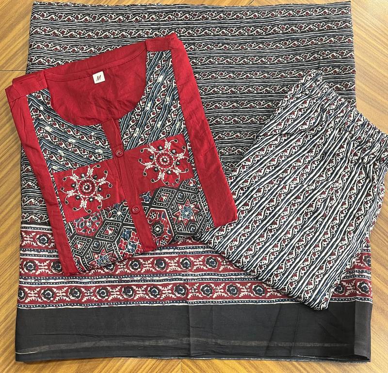 Beautiful red kurta set with printed pant dupatta