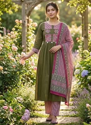 Beautiful green kurta set with printed pant dupatta 1