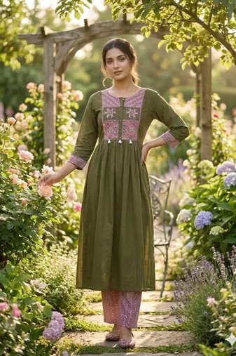 Beautiful green kurta set with printed pant dupatta