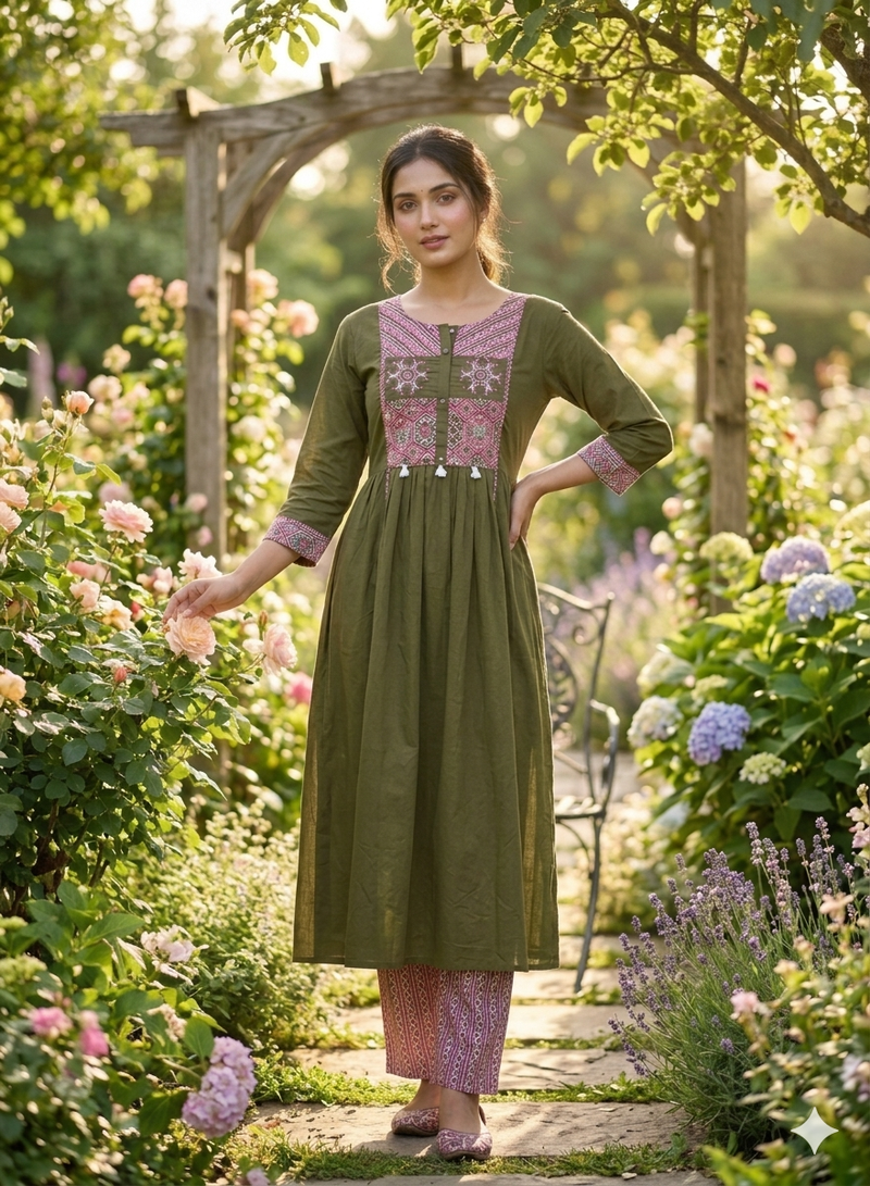 Beautiful green kurta set with printed pant dupatta