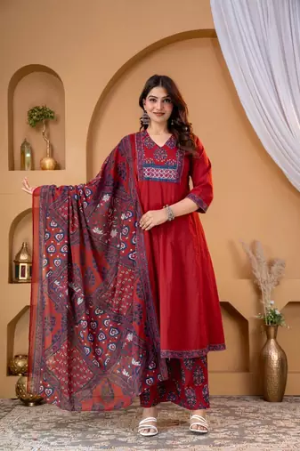 Beautiful maroon a-line kurta set with printed pant dupatta