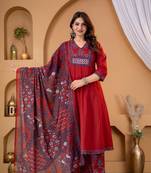 Beautiful maroon a-line kurta set with printed pant dupatta