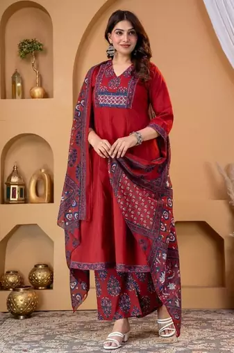 Beautiful maroon a-line kurta set with printed pant dupatta