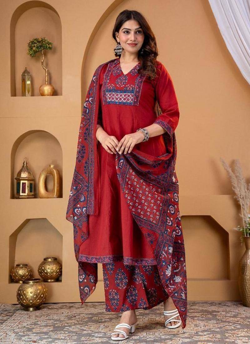 Beautiful maroon a-line kurta set with printed pant dupatta