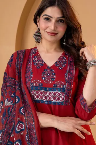 Beautiful maroon a-line kurta set with printed pant dupatta