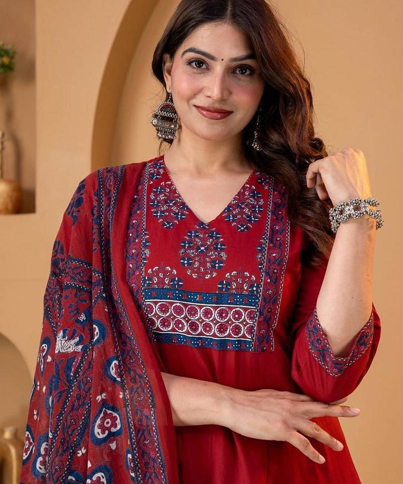 Beautiful maroon a-line kurta set with printed pant dupatta