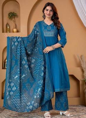 Beautiful blue a-line kurta set with printed pant dupatta 1