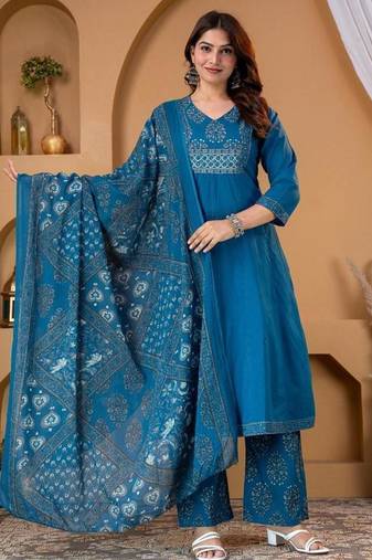 Beautiful blue a-line kurta set with printed pant dupatta