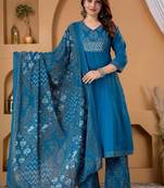Beautiful blue a-line kurta set with printed pant dupatta