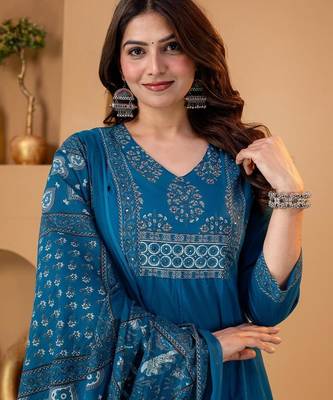 Beautiful blue a-line kurta set with printed pant dupatta 2
