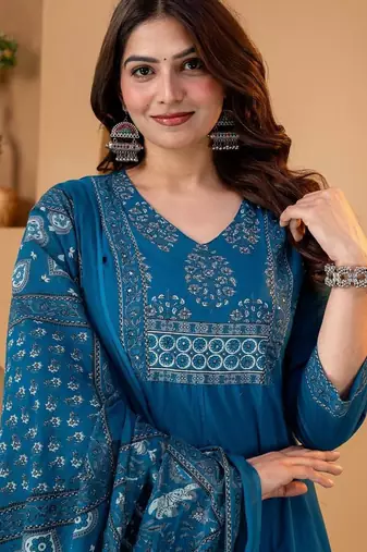 Beautiful blue a-line kurta set with printed pant dupatta