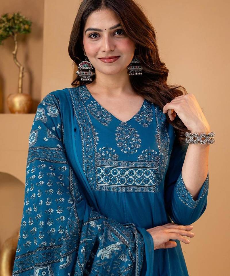 Beautiful blue a-line kurta set with printed pant dupatta