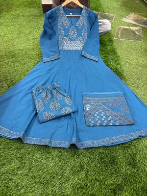 Beautiful blue a-line kurta set with printed pant dupatta 3