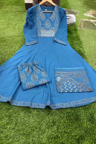Beautiful blue a-line kurta set with printed pant dupatta