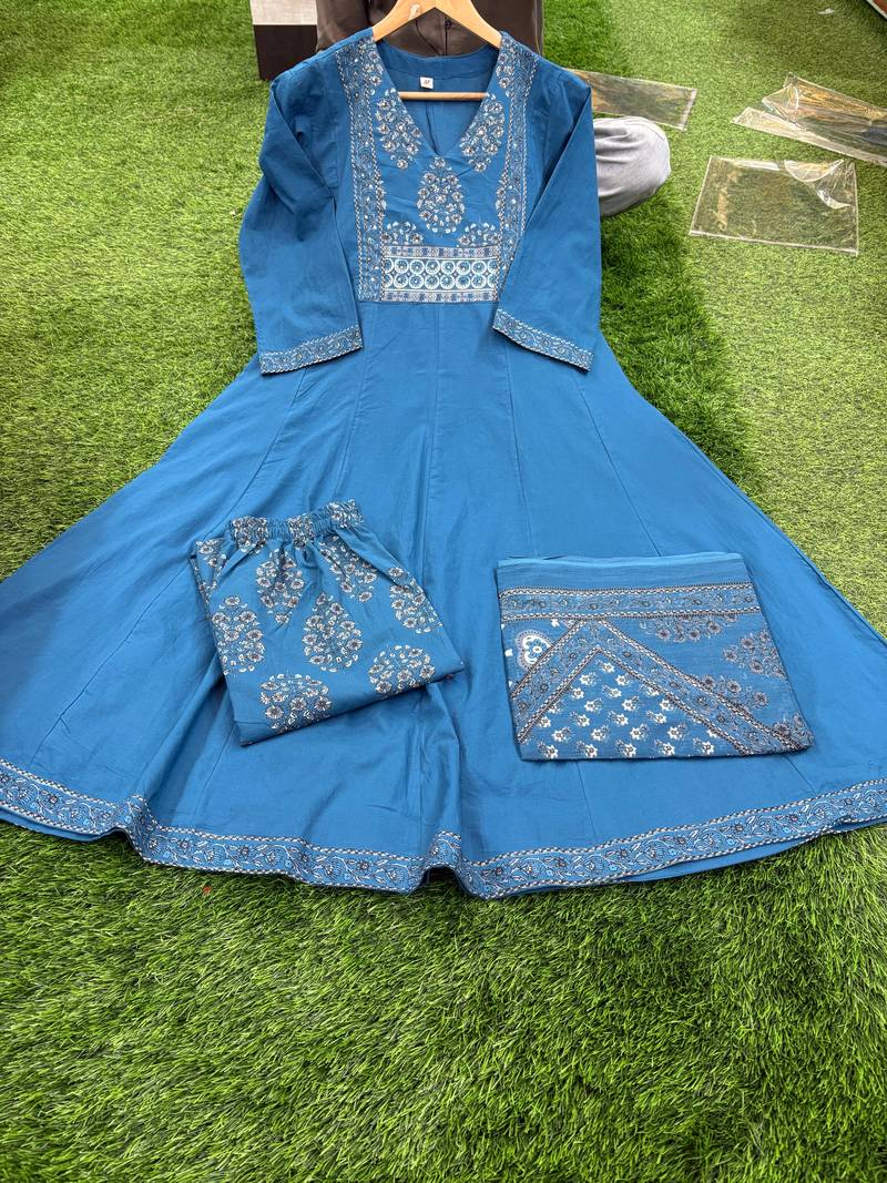 Beautiful blue a-line kurta set with printed pant dupatta
