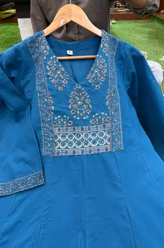 Beautiful blue a-line kurta set with printed pant dupatta