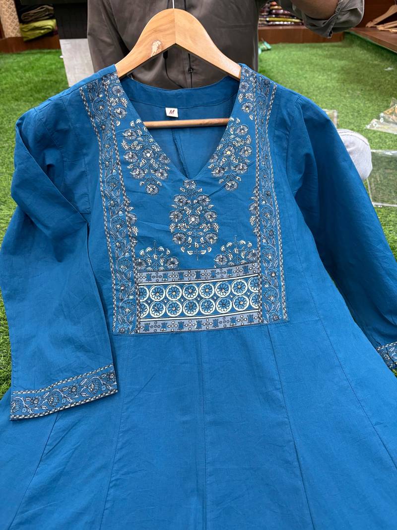 Beautiful blue a-line kurta set with printed pant dupatta