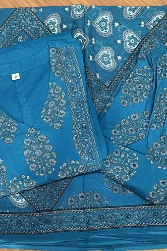 Beautiful blue a-line kurta set with printed pant dupatta